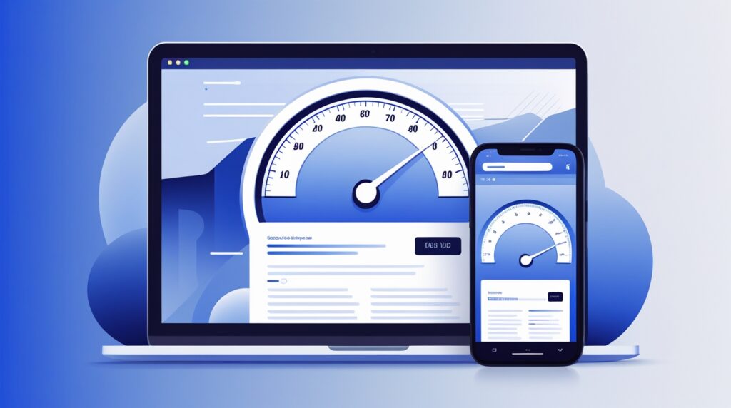 a laptop and phone with speedometer on screen